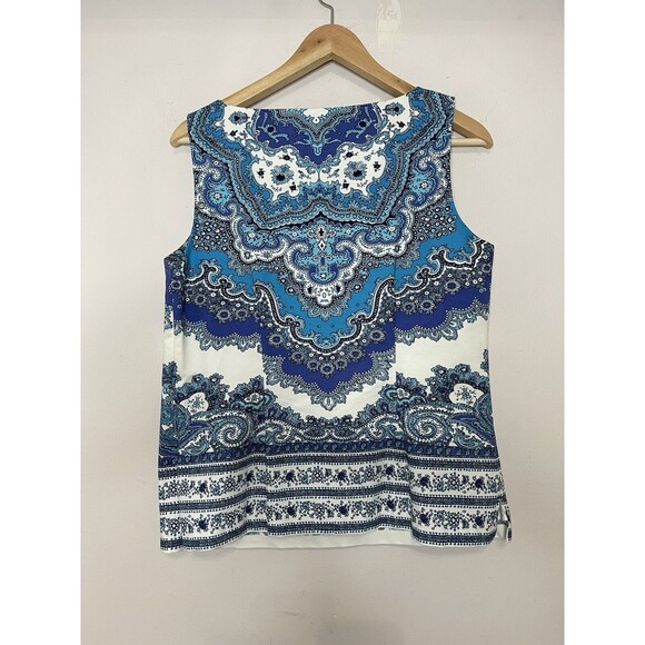 RSVP by Talbots Top womens 6p sleeveless vneck blue white Side Zip Paisly Print - Picture 7 of 9